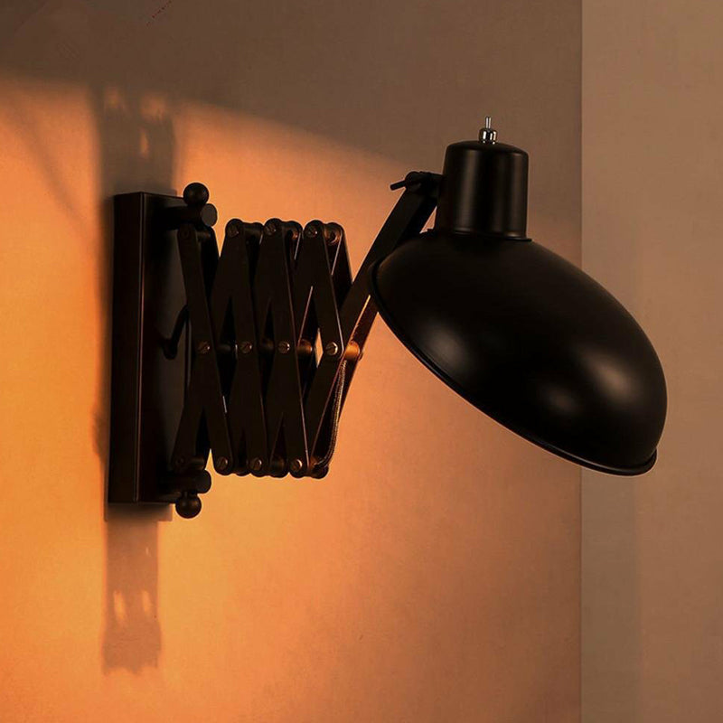 Retro Black Iron Wall Mounted Reading Lamp With Stretch Arm And Bowl Shade - 1-Bulb Ideal For Dorm