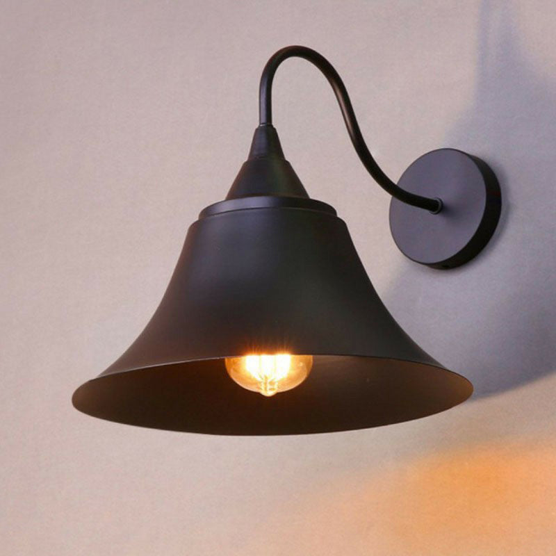 Vintage Iron 1-Light Trumpet Wall Lamp - Black Curved Arm For Living Room Lighting