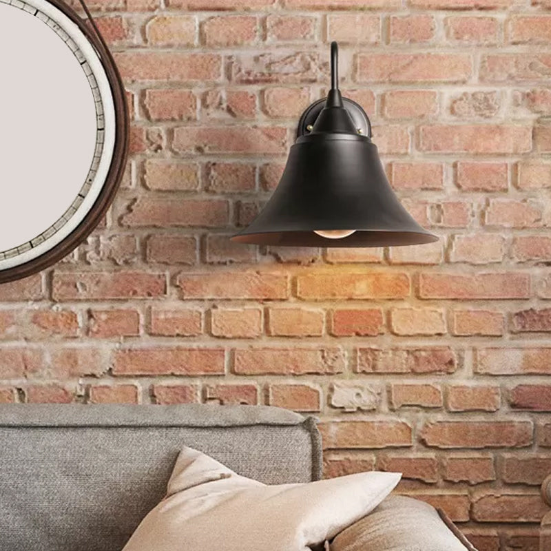 Farmhouse Black Iron Gooseneck Wall Lamp With Bell Shade And Single Bulb