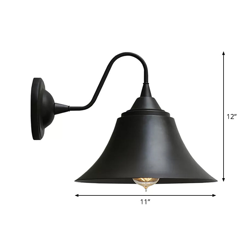 Farmhouse Black Iron Gooseneck Wall Lamp With Bell Shade And Single Bulb