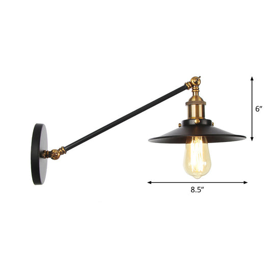 Rustic Iron Swing Arm Kitchen Wall Lamp - Horn/Flared/Scalloped Design Single-Bulb Black Finish