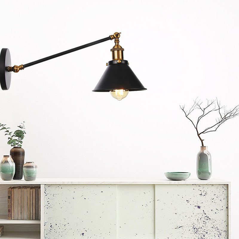 Rustic Iron Swing Arm Kitchen Wall Lamp - Horn/Flared/Scalloped Design Single-Bulb Black Finish / E