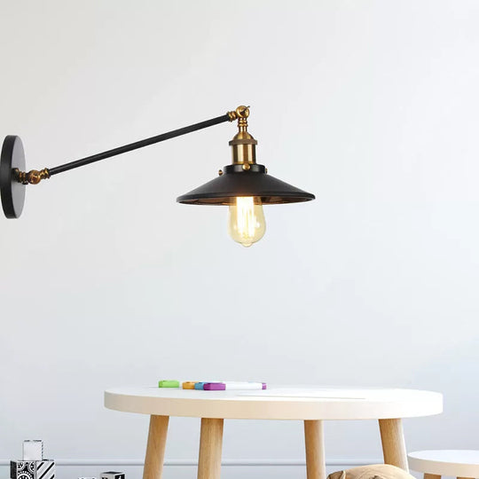 Rustic Iron Swing Arm Kitchen Wall Lamp - Horn/Flared/Scalloped Design Single-Bulb Black Finish / C