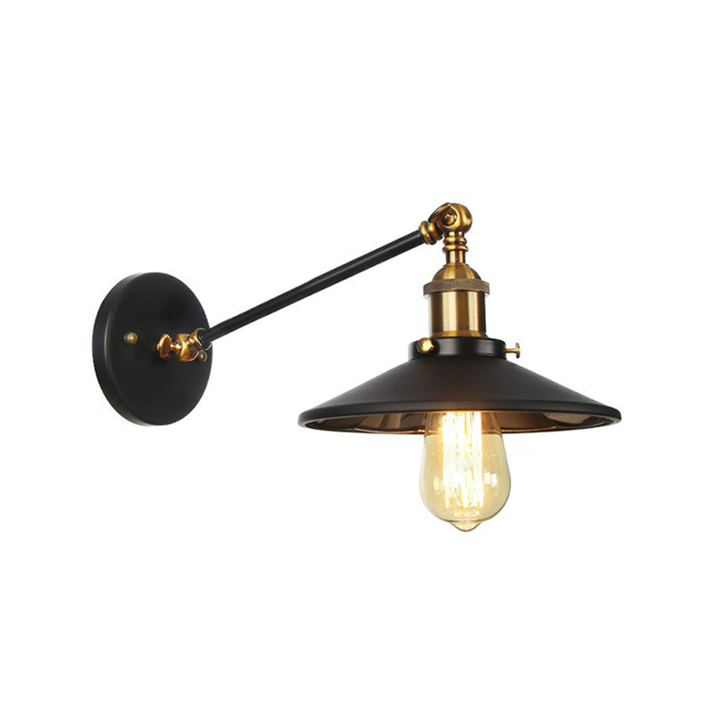 Rustic Iron Swing Arm Kitchen Wall Lamp - Horn/Flared/Scalloped Design Single-Bulb Black Finish