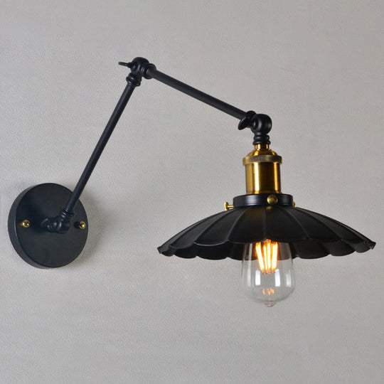 Scalloped Wall Lamp With Adjustable Arm In Black - Loft Style 1 Head Iron Mounted Light 8+8/12+12