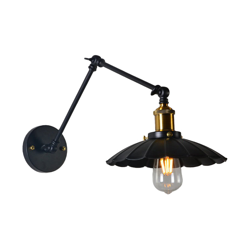 Scalloped Wall Lamp With Adjustable Arm In Black - Loft Style 1 Head Iron Mounted Light 8+8/12+12