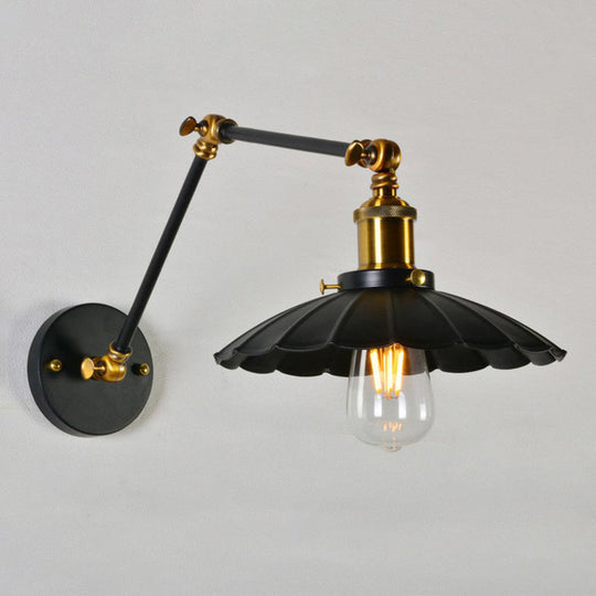 Scalloped Iron Wall Reading Lamp - Adjustable Arm Bedroom Light Black/White-Brass Black / 8+8