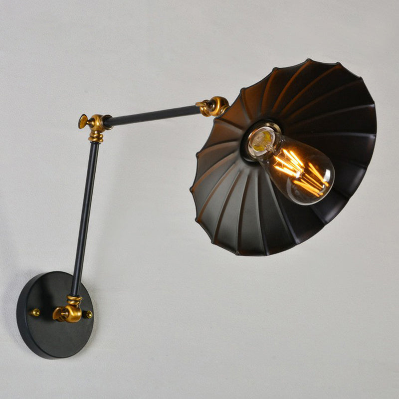 Scalloped Iron Wall Reading Lamp - Adjustable Arm Bedroom Light Black/White-Brass