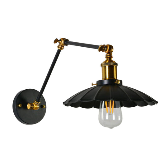 Scalloped Iron Wall Reading Lamp - Adjustable Arm Bedroom Light Black/White-Brass