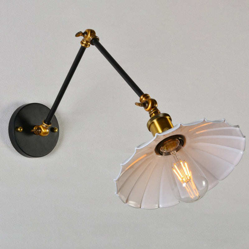 Scalloped Iron Wall Reading Lamp - Adjustable Arm Bedroom Light Black/White-Brass White / 8+8