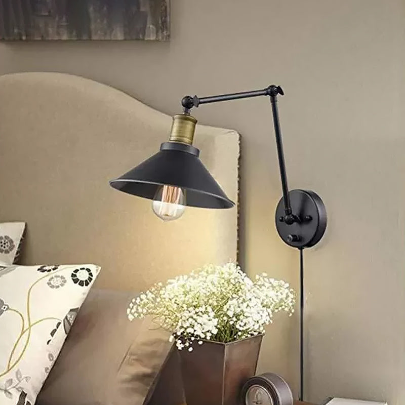 Farmhouse Cone Metal Wall Light - Swing Arm Mounted Lamp (1 Head) Black With/Without Plug / B