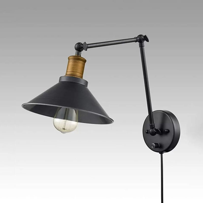 Farmhouse Cone Metal Wall Light - Swing Arm Mounted Lamp (1 Head) Black With/Without Plug