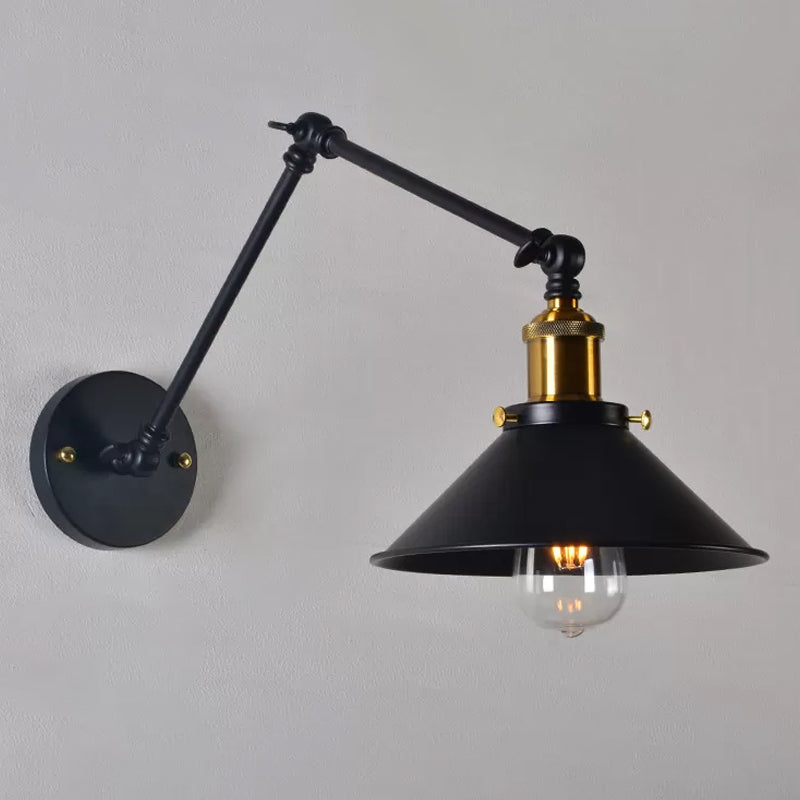 Black/White-Brass Reading Wall Lamp With Swing Arm - Iron Conical 1-Light Factory Lighting Black /