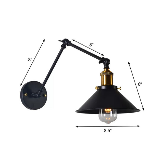 Black/White-Brass Reading Wall Lamp With Swing Arm - Iron Conical 1-Light Factory Lighting