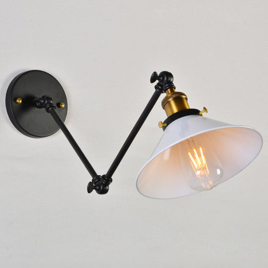 Black/White-Brass Reading Wall Lamp With Swing Arm - Iron Conical 1-Light Factory Lighting White /