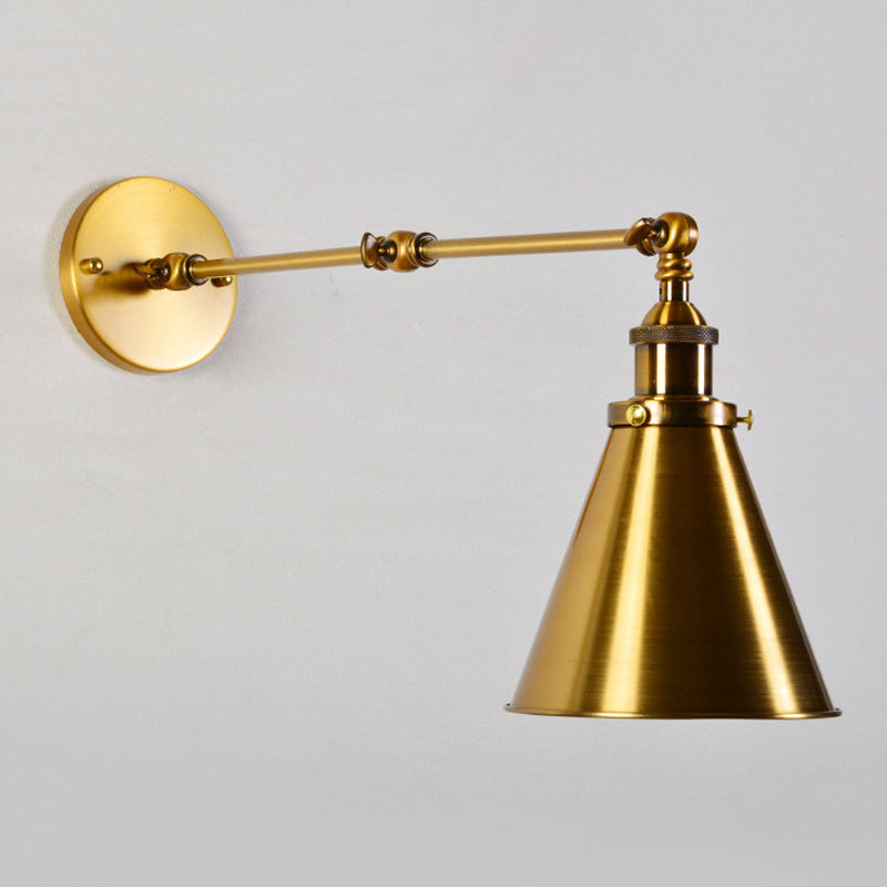 Antique Brass Wall Light With Flexible Swivel Arm And Conic Mount - 1 Bulb Fixture