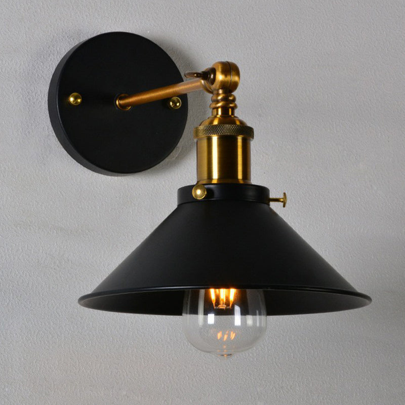 Countryside Metal Cone Kitchen Wall Lamp - Adjustable Joint Black/White-Brass Finish 1-Bulb Mount