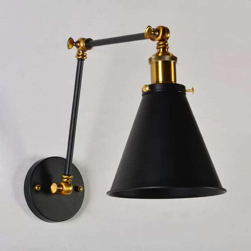 Retro Black-Brass Conical Wall Lamp With Swing Arm For Studio Tasks Black