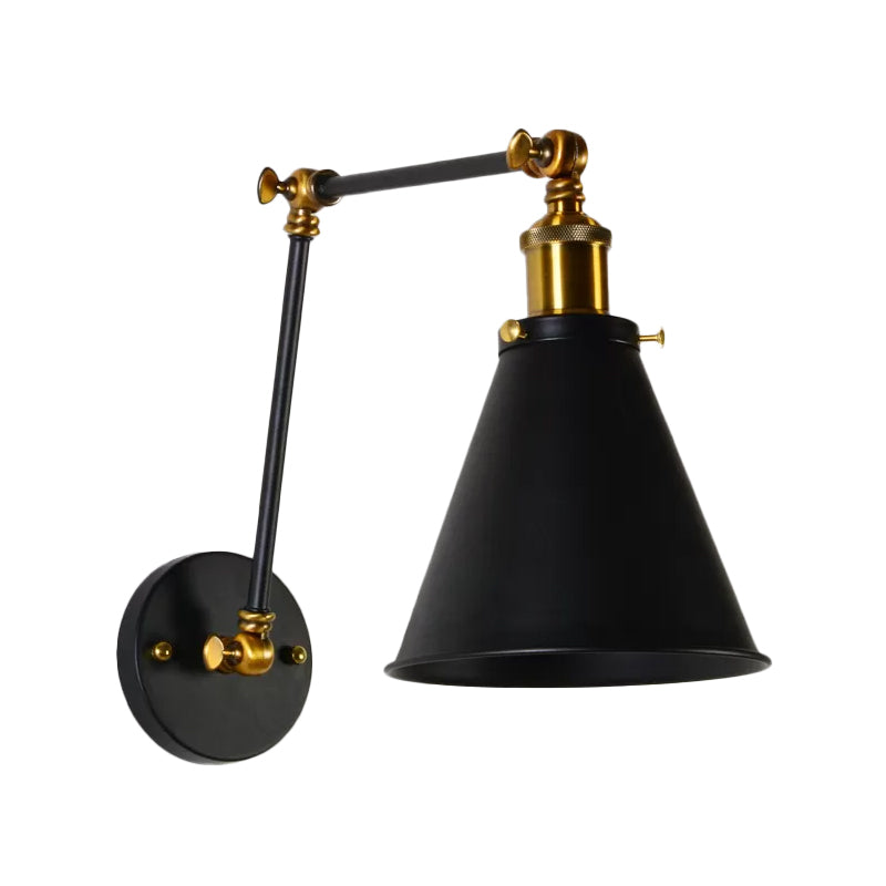 Retro Black-Brass Conical Wall Lamp With Swing Arm For Studio Tasks