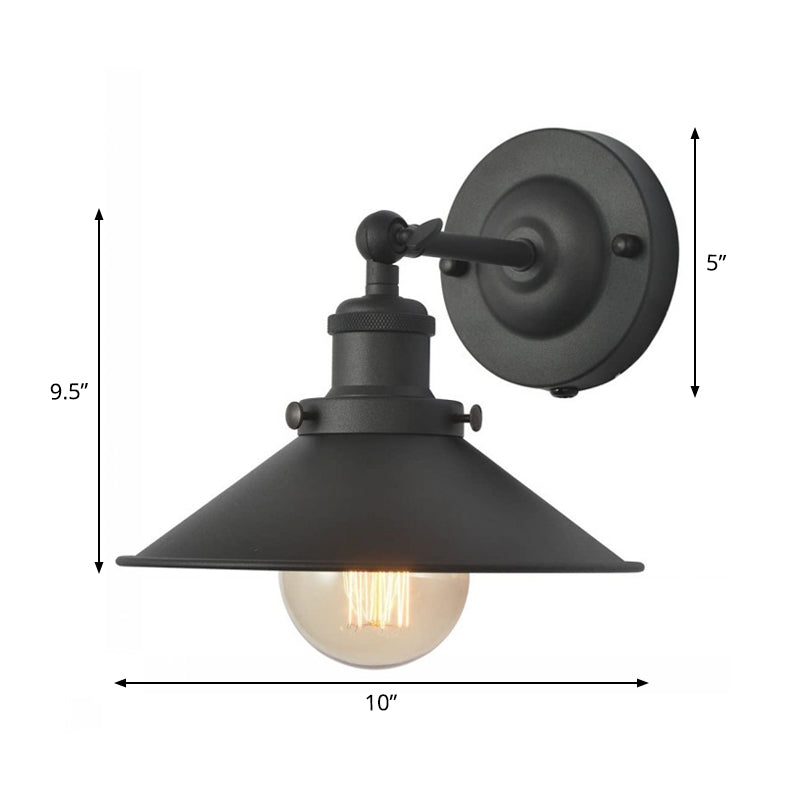 Black Rotatable Wall Light With Vintage Iron Cone Shade - Bedroom Lamp