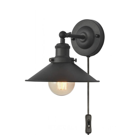 Black Rotatable Wall Light With Vintage Iron Cone Shade - Bedroom Lamp / B