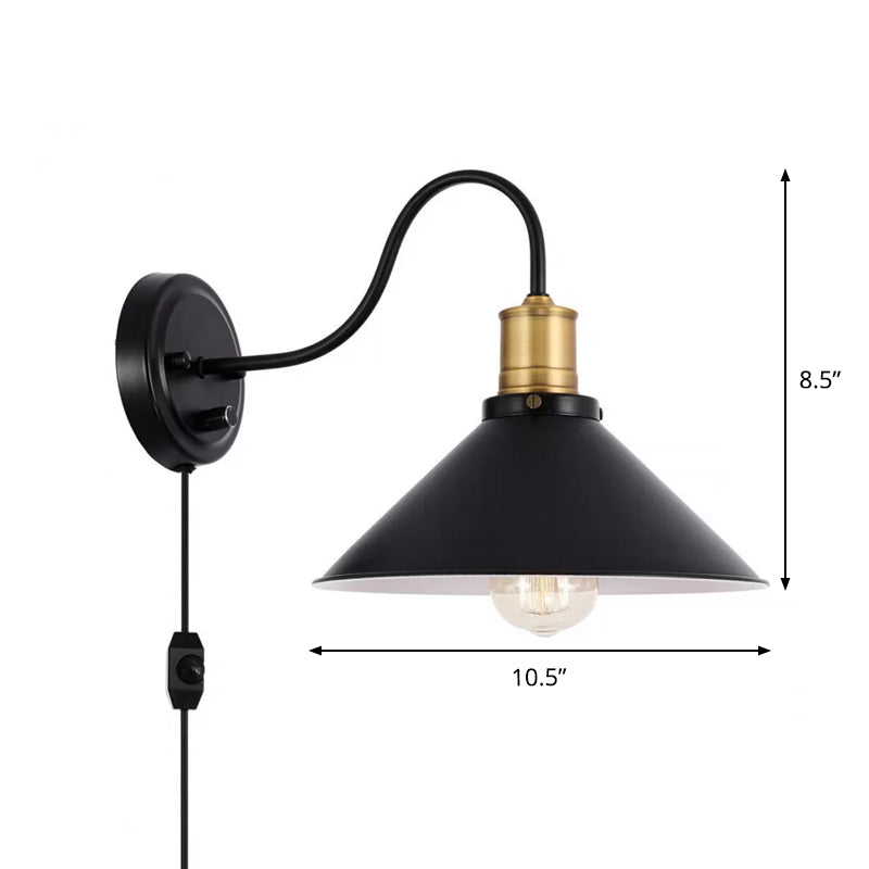 Industrial Metal Cone Wall Mount Light With Gooseneck - Black 1/2-Bulb Door Side Optional Plug