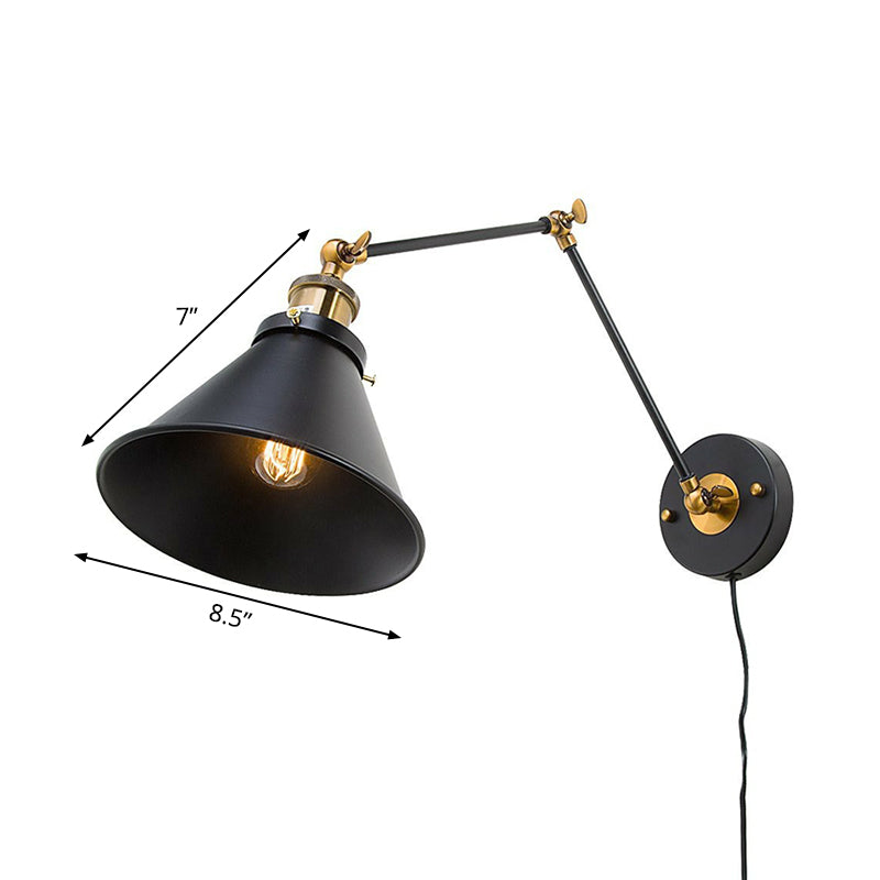 Swing Arm Wall Lamp With Iron Black Finish And Industrial Style - Roll-Edge Conical Shade Single