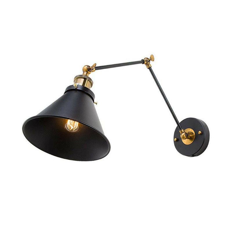 Swing Arm Wall Lamp With Iron Black Finish And Industrial Style - Roll-Edge Conical Shade Single