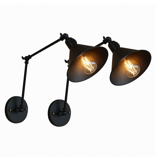 Vintage Black Cone Wall Lamp Kit With Swing Arm & On/Off Button For Bedroom - Iron 1/2-Head Mount