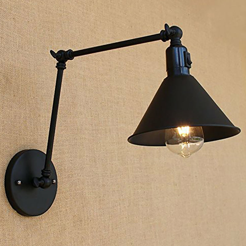 Vintage Black Cone Wall Lamp Kit With Swing Arm & On/Off Button For Bedroom - Iron 1/2-Head Mount