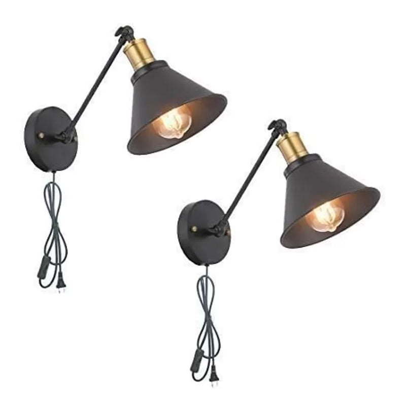 Black Industrial Bedside Wall Lamp With Rotating 2-Head Design - Plug-In Iron Reading Light For