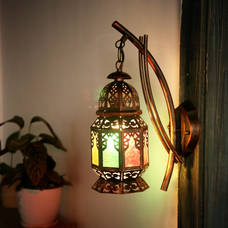 Handcrafted Moroccan Wall Lamp: Stained Art Glass Lantern Copper Finish