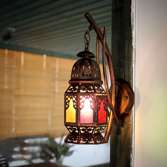 Handcrafted Moroccan Wall Lamp: Stained Art Glass Lantern Copper Finish