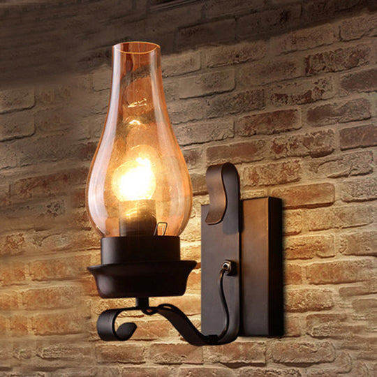 Candle/Kerosene Wall Lamp With Scroll Arm In Black - Loft Style White/Brown Glass 1-Bulb Brown