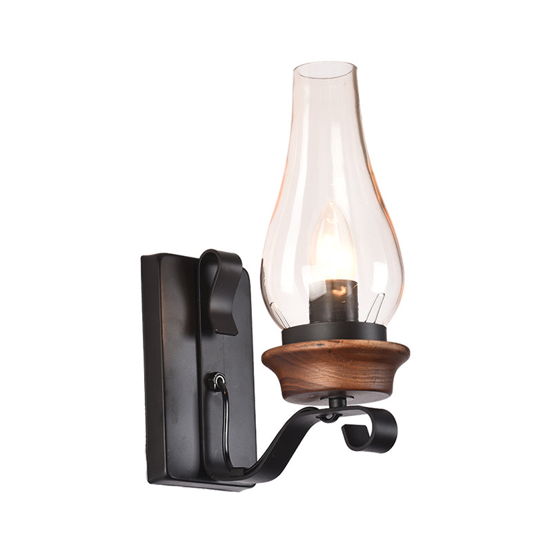 Candle/Kerosene Wall Lamp With Scroll Arm In Black - Loft Style White/Brown Glass 1-Bulb