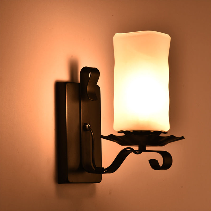 Candle/Kerosene Wall Lamp With Scroll Arm In Black - Loft Style White/Brown Glass 1-Bulb White