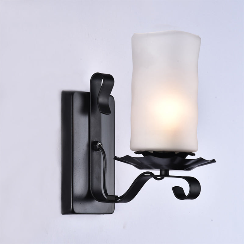 Candle/Kerosene Wall Lamp With Scroll Arm In Black - Loft Style White/Brown Glass 1-Bulb