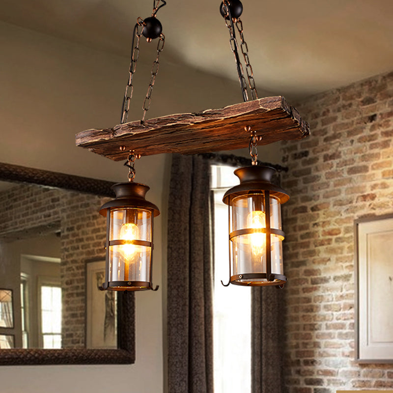 Clear Glass Island Pendant Light: Farmhouse Brown Cylindrical Bistro Ceiling Hang 2 /