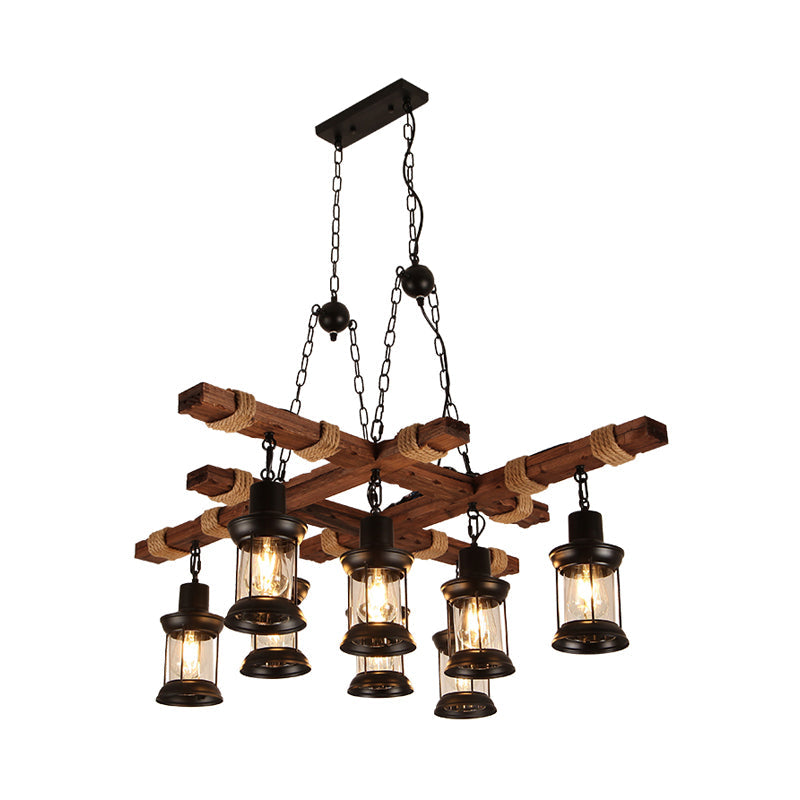 Farmhouse Brown Lantern Pendant Lamp With Clear Glass And Multiple Wood Arm Designs - Island Light