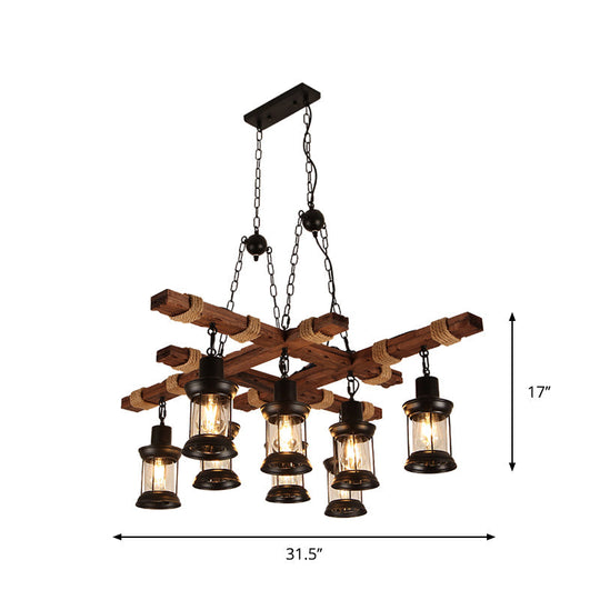 Farmhouse Brown Lantern Pendant Lamp With Clear Glass And Multiple Wood Arm Designs - Island Light