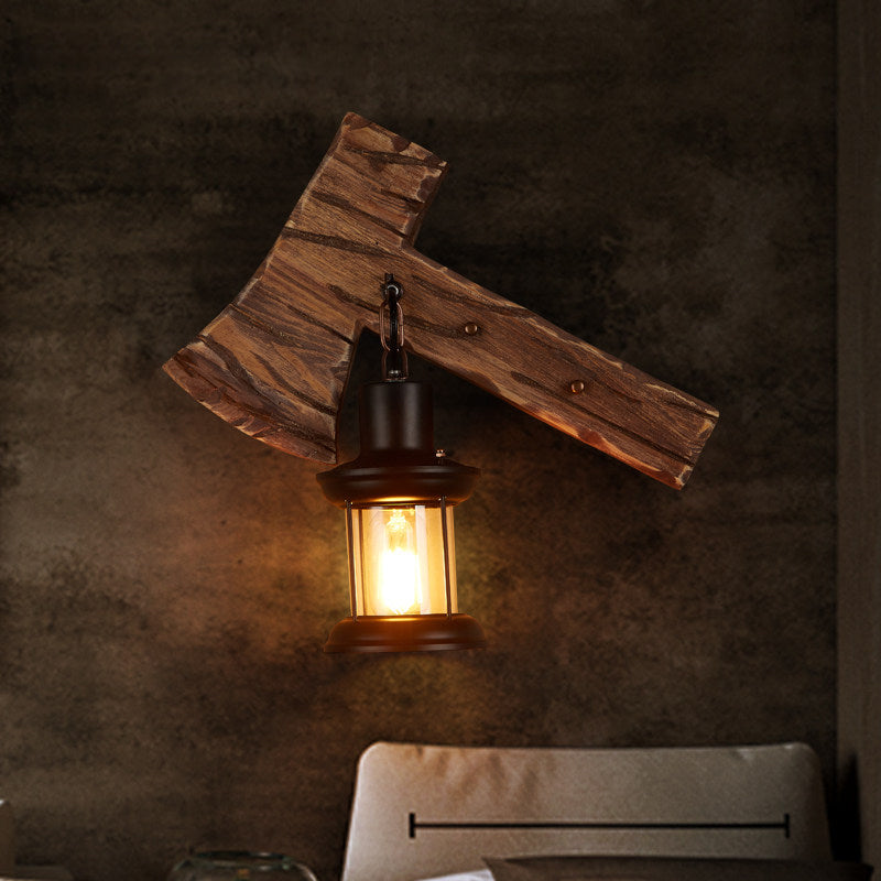 Rustic Wood Wall Sconce Light: Oval/Fish Shape Kitchen Mounted Lamp With Candle/Lantern (Brown)