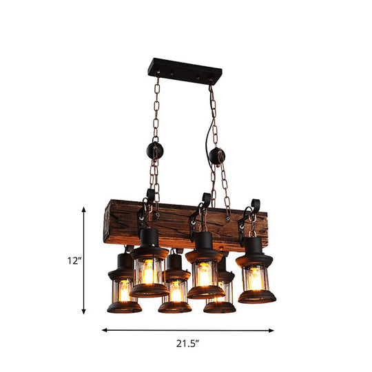 Farmhouse Ceiling Pendant Light - Clear Glass & Brown Island Lamp Lantern With Wood Block Top 6