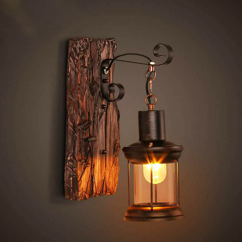 Nautical Wood Lantern Wall Light - Single-Bulb Bistro Fixture Brown