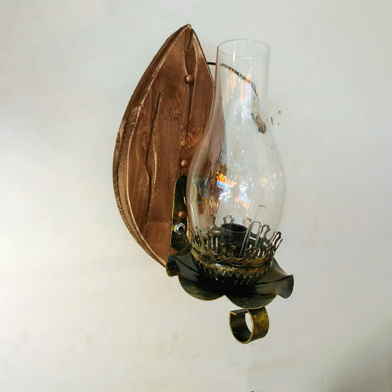 Rustic Brown Lantern Wall Sconce With Clear Glass And Wood Backplate 1 /