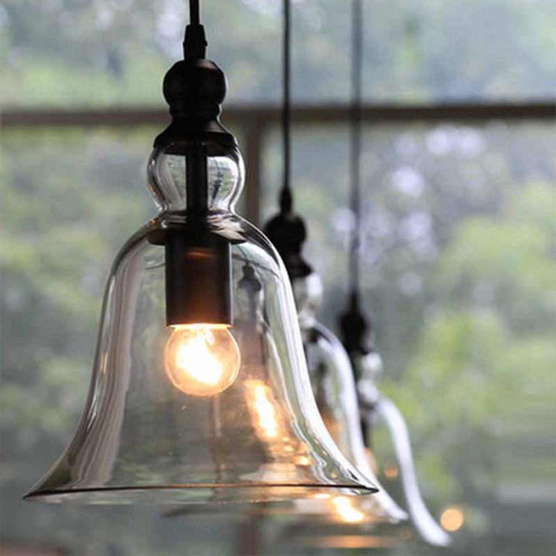 Black Single Ceiling Pendant Lamp Rustic Bell Clear Glass Suspended Lighting Fixture