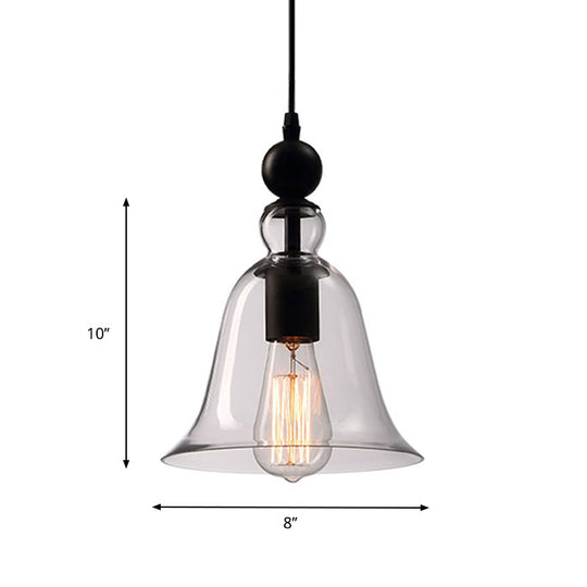 Black Single Ceiling Pendant Lamp Rustic Bell Clear Glass Suspended Lighting Fixture