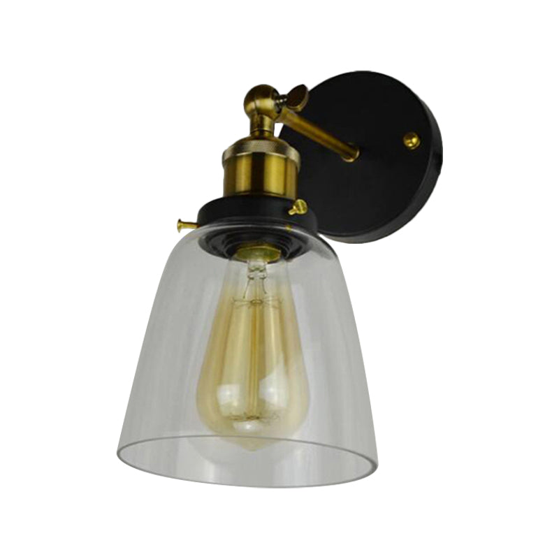 Rotatable Wall Lamp - Warehouse Cloche With 1 Head Transparent Glass Shade In Black And Brass/Black
