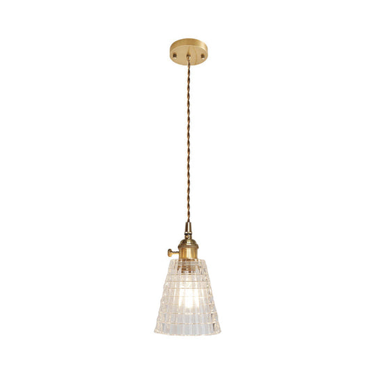 Antique Clear Glass Hanging Brass Pendant Light Fixture With Lattice/Grid Design - Ideal For Dining