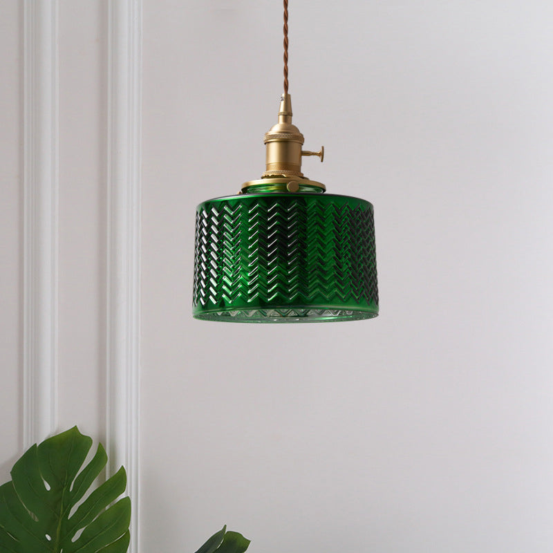 Vintage Brass Green Glass Pendant Light With Rotary Switch / B