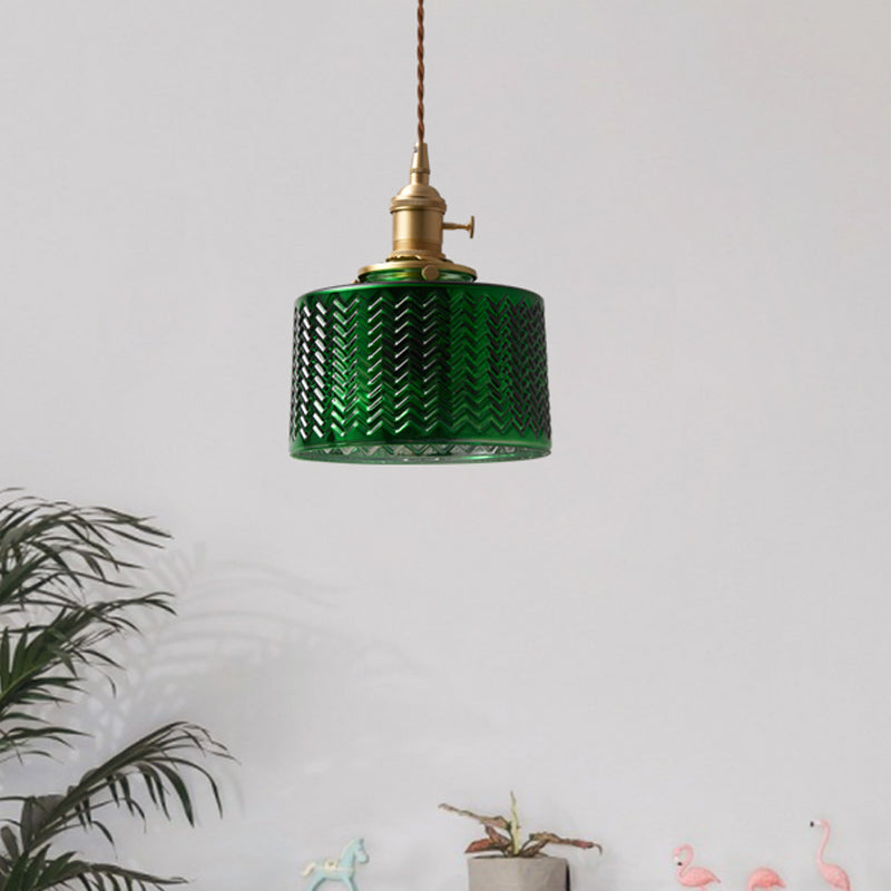 Vintage Brass Green Glass Pendant Light With Rotary Switch